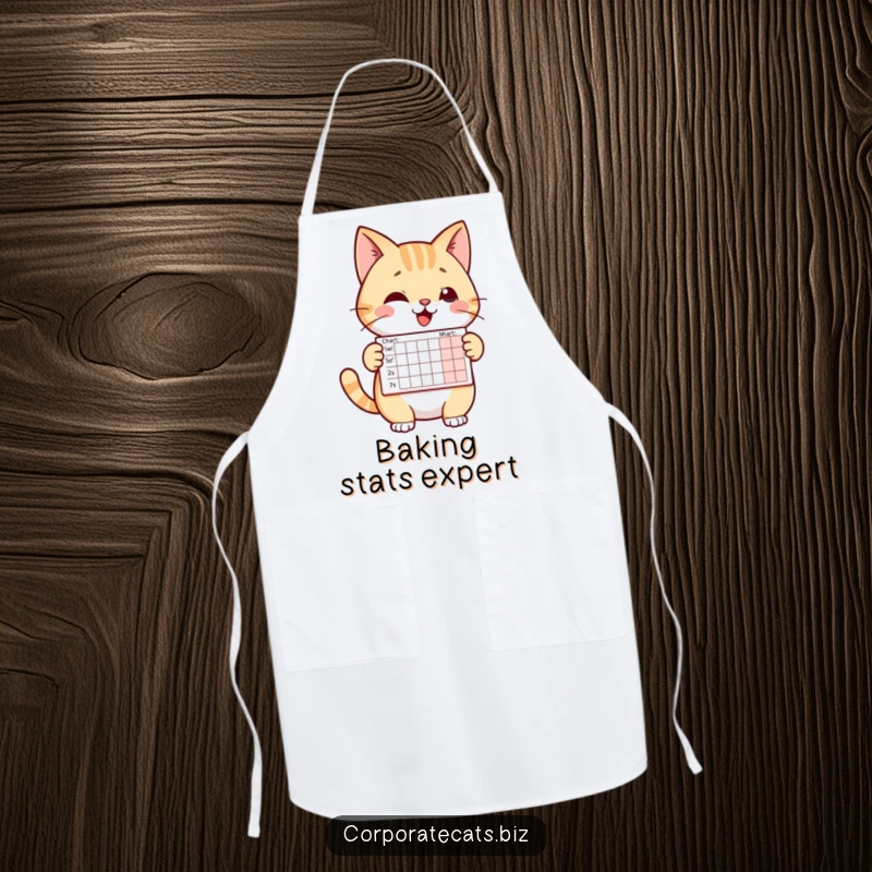 Funny apron with a cheerful cat character presenting a miniature chart. Great for kitchen use and adding professional humor.