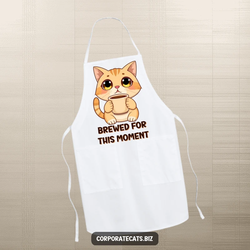 Funny apron with a surprised cat showing wide eyes while holding a coffee cup, ideal for chefs and home cooks who love humor.