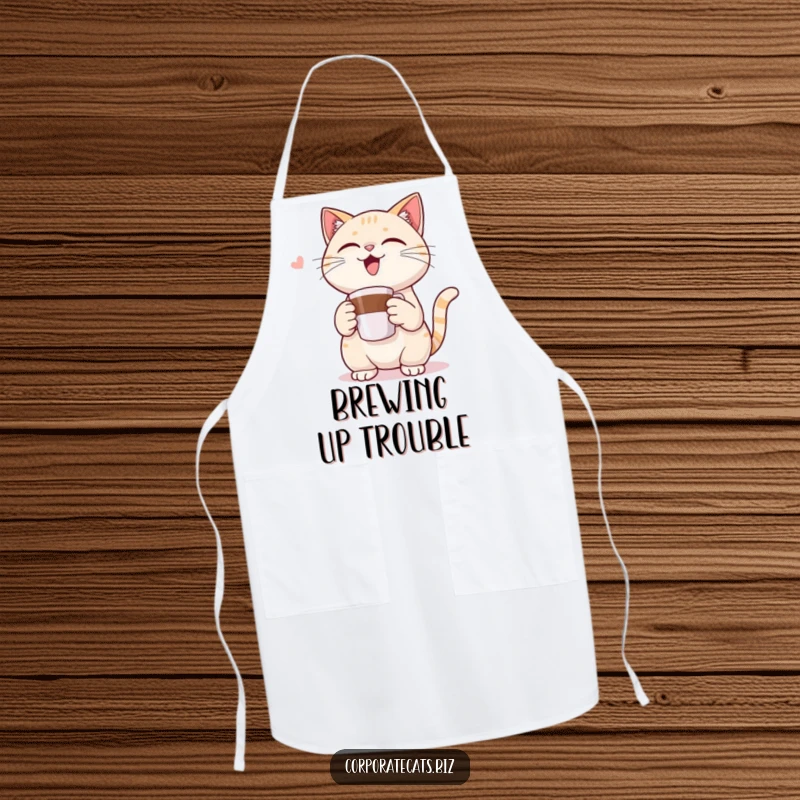 Funny apron showing a triumphant cat character holding a miniature coffee cup, ready for kitchen duties with a humorous flair.