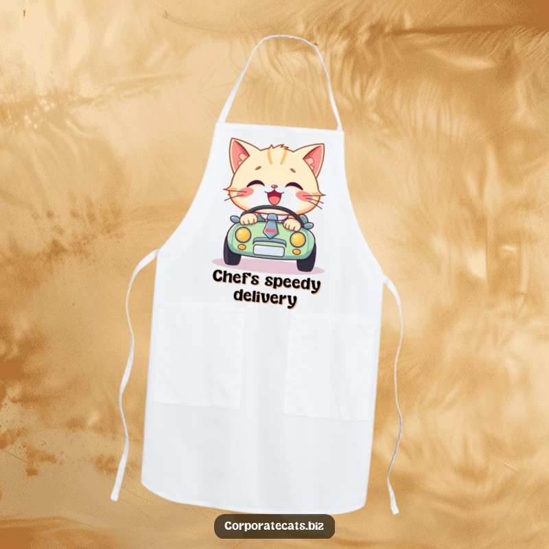 Funny cat in a necktie, driving a miniature car, this stylish apron adds humor to the kitchen, a great funny gift.
