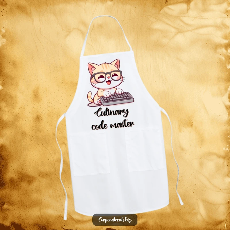 Funny Data Cat Apron: a happy cat character wearing glasses and typing on a tiny keyboard, ready for kitchen tasks.