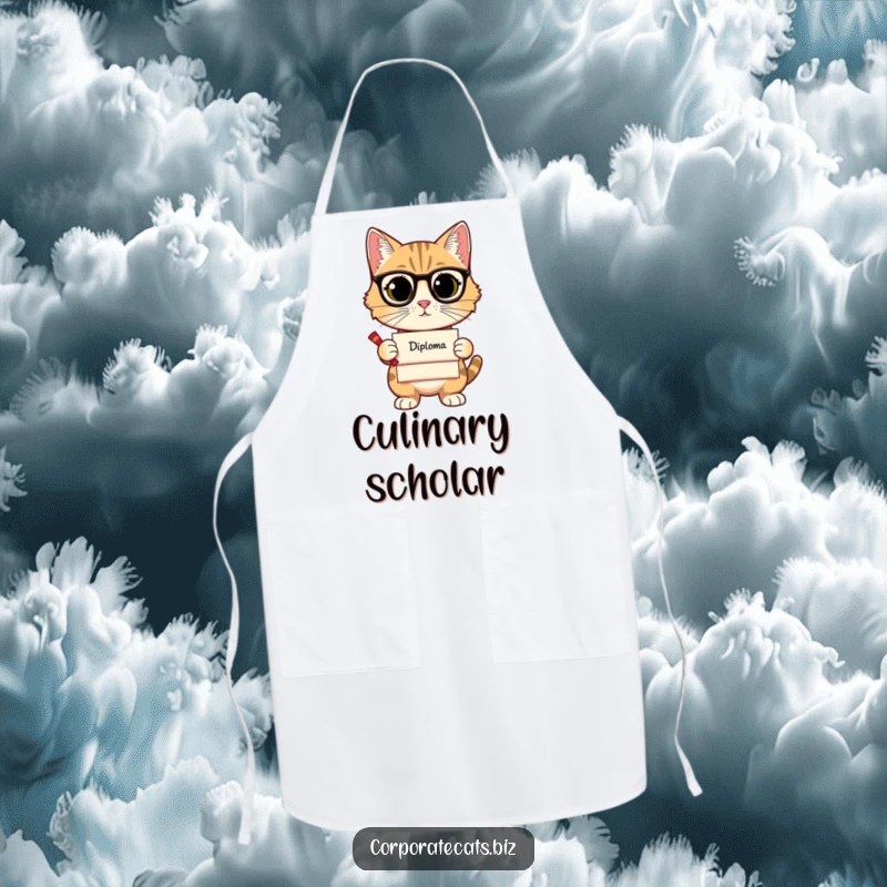 Funny apron showcasing a sophisticated cat holding a diploma, perfect for chefs and cooks with a scholarly and humorous side.