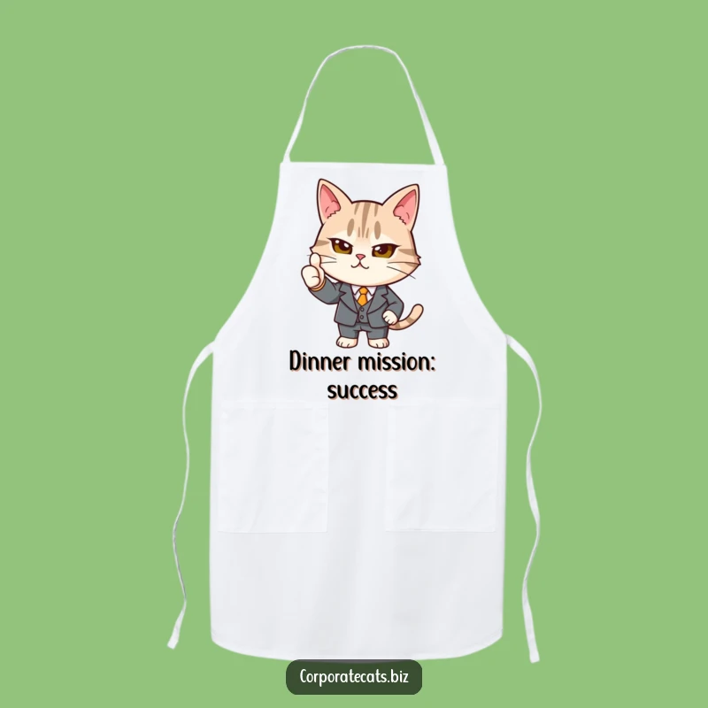 Funny Determined Cat Suit Thumbs-Up Apron: Kitchen Professionalism & Feline Humor Gift