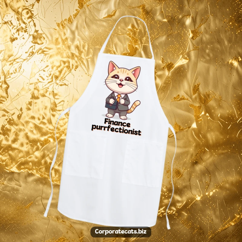 Funny apron featuring a cat in a business suit holding a briefcase, perfect for chefs who appreciate feline-inspired humor in the kitchen.