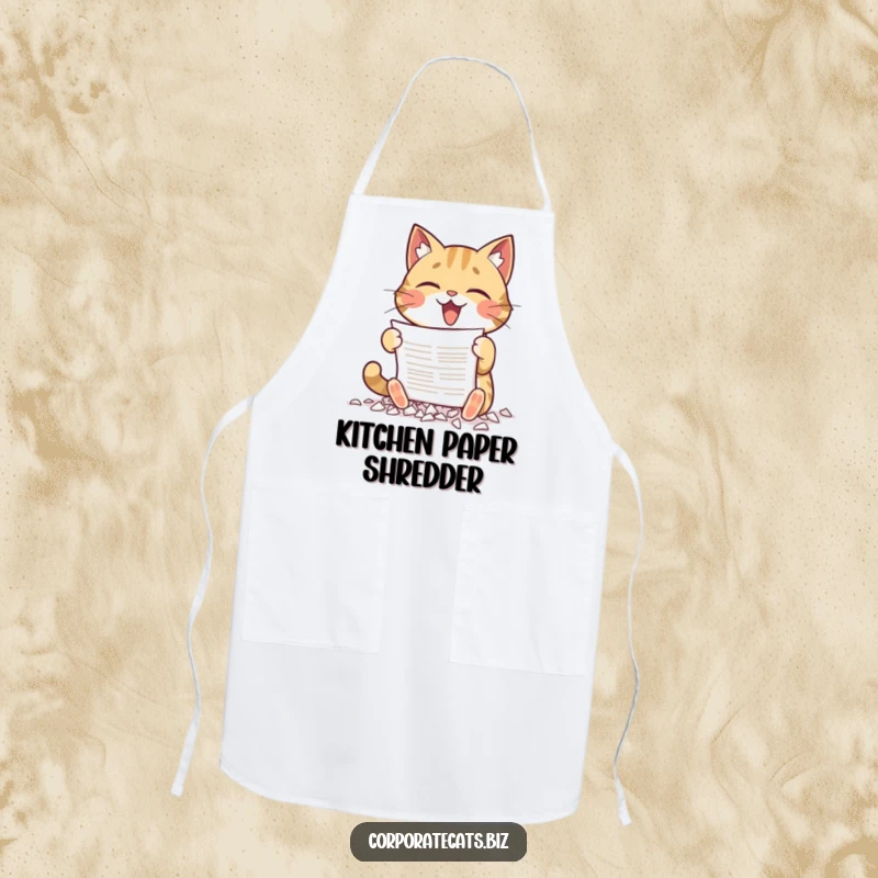 Funny apron showing a cat gleefully shredding a document with its paws, perfect for kitchen duties with a humorous, rebellious flair.