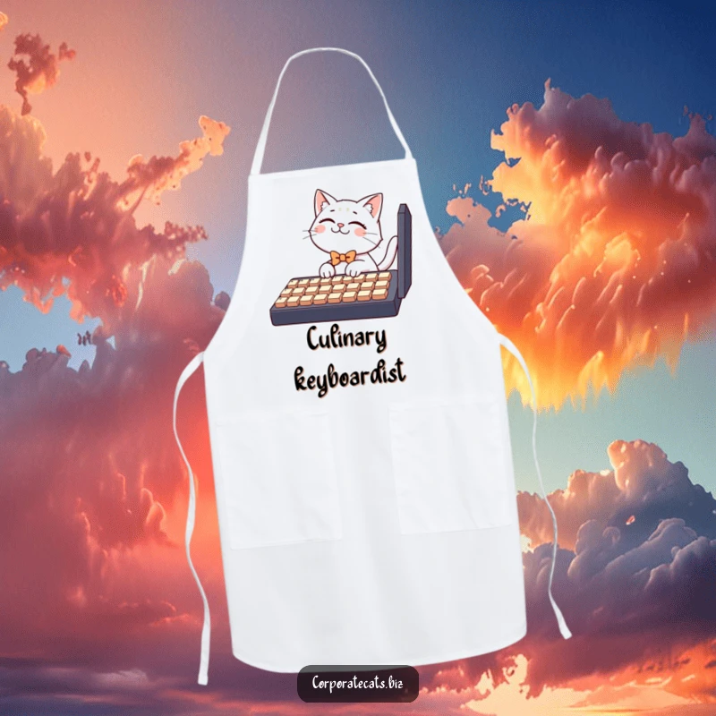 Funny apron design, a giggling cat character with a tiny bowtie attempts to type on a large keyboard, great for kitchen tech humor.
