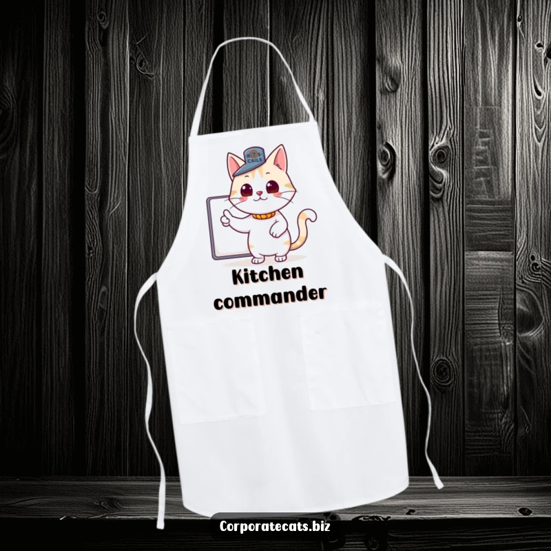 Funny apron print of a proud cat wearing a tiny boss hat and pointing authoritatively, ideal for a humorous kitchen accessory.