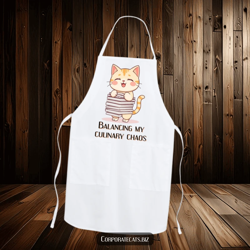 Funny apron featuring a cat hilariously attempting to juggle a stack of papers while cooking or baking.