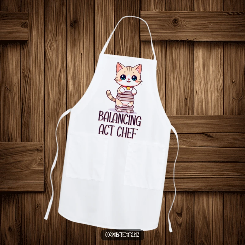 Funny cat apron, a playful kitten wearing a name tag struggling to balance documents, perfect for kitchen humor and cooking.