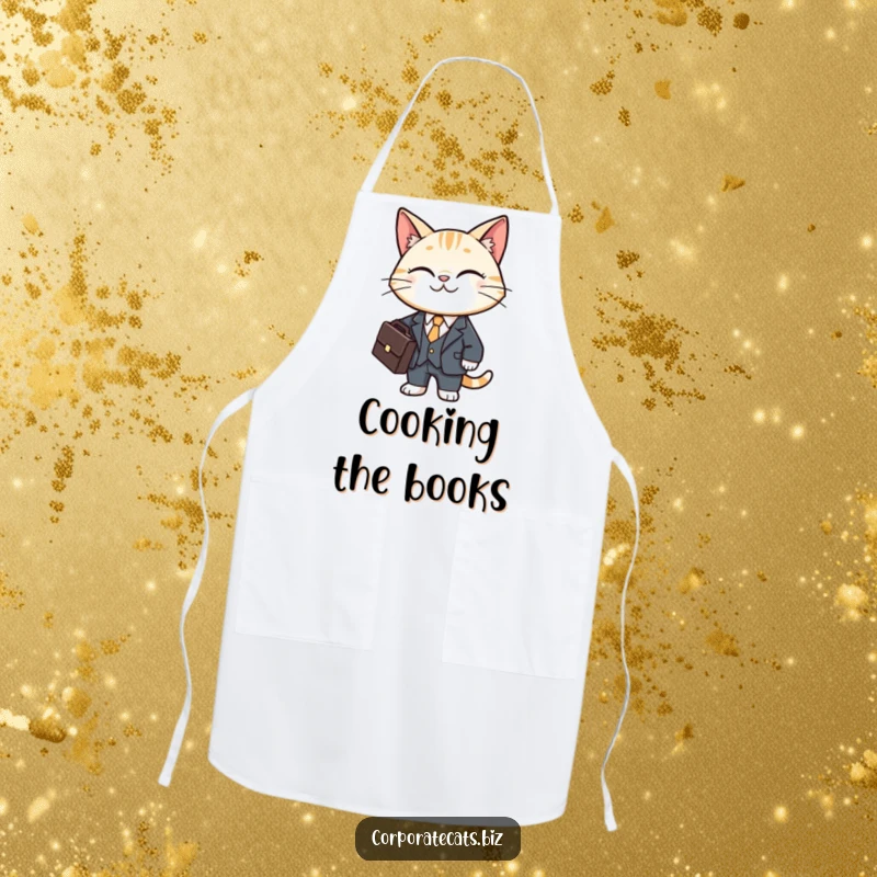 Funny cat apron showing a smiling feline dressed in a tiny business suit, holding a briefcase.