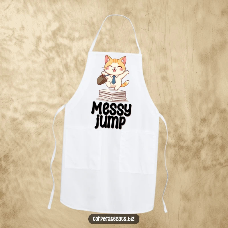Funny apron showing a smiling cat in a tie, briefcase in paw, leaping over a stack of papers, ready for culinary challenges.