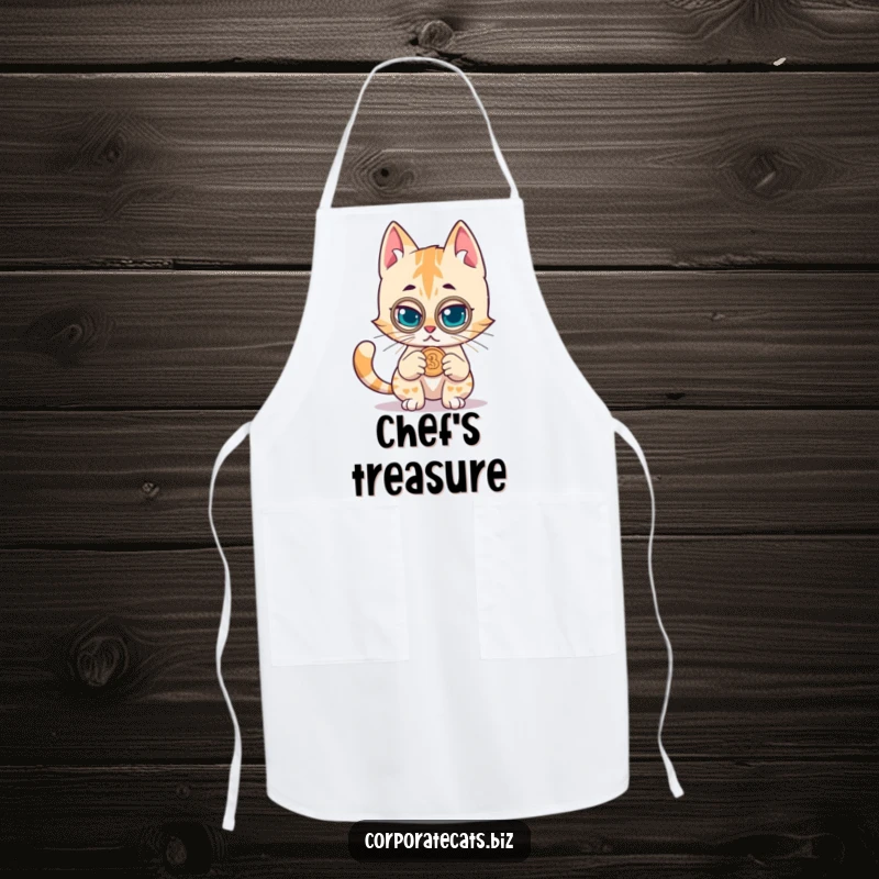Funny apron with a mischievous cat wearing a monocle, closely inspecting a coin, ideal for chefs who enjoy humor and precision.