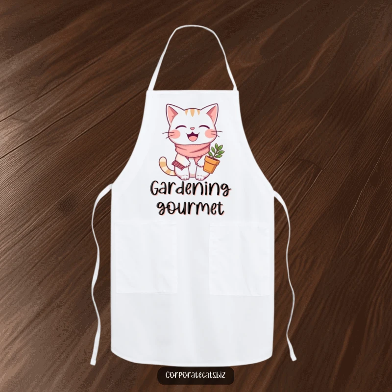 Funny joyful cat apron, wearing a tiny scarf and holding a plant pot, a humorous and practical garment for gardeners and cooks.
