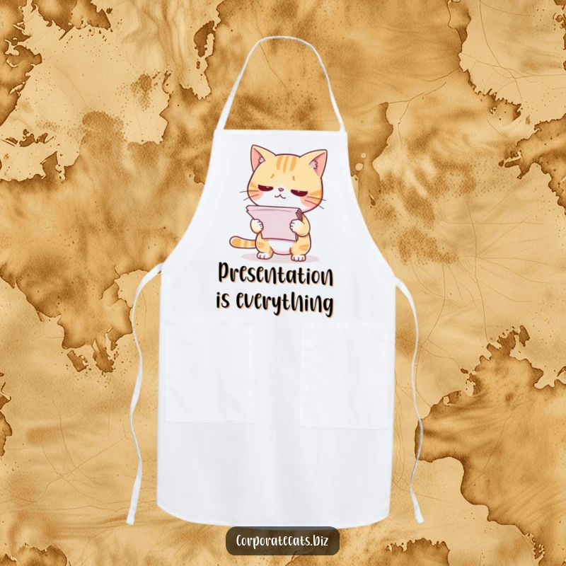 Funny apron showing a timid cat nervously holding a pile of papers, suitable for anyone who feels the pressure.