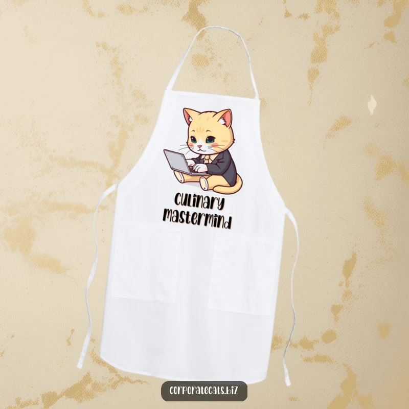 Funny cat in a tiny suit typing on a laptop depicted on a durable apron, perfect for kitchen professionals.