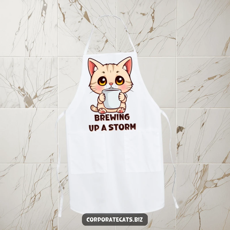 Funny apron featuring a surprised cat with wide eyes holding a coffee cup, perfect for kitchen humor.