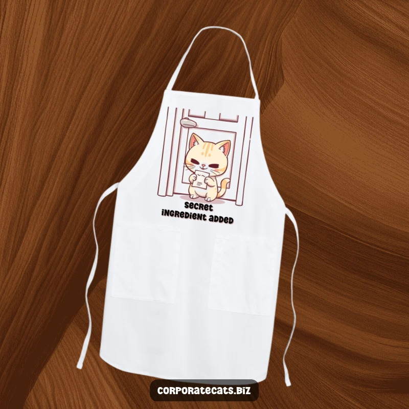 Funny Clandestine Cat Apron: a mischievous cat character slipping a tiny memo under a door, ready for kitchen secrets.