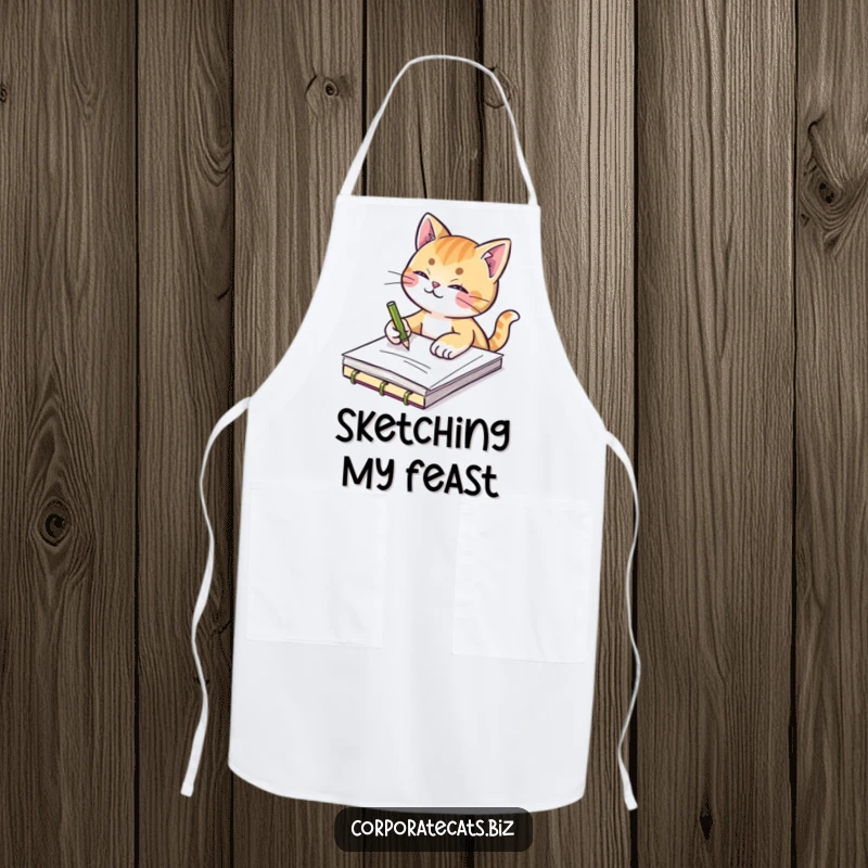 Funny apron showcasing a creative cat sketching in a notepad, perfect for artists and crafters who enjoy humor.