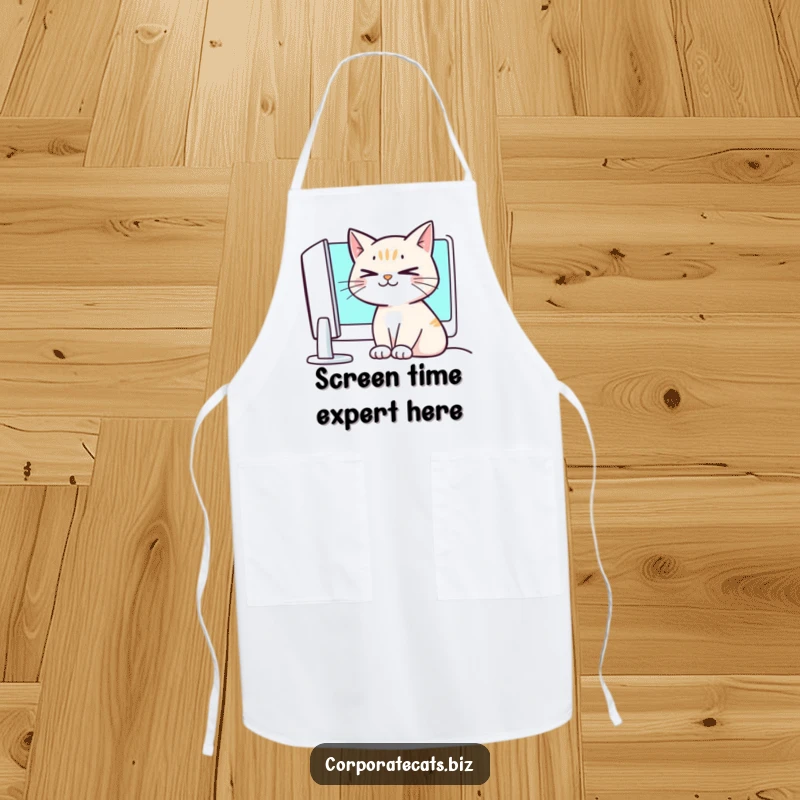 Funny crossed-eyed cat apron, comically unfocused while 'working', perfect for kitchen humor and cat enthusiasts.