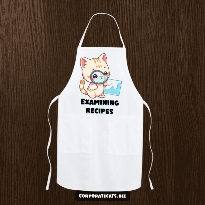 Funny cat with a magnifying glass examining a graph, humorously assisting in the kitchen on a protective and amusing apron.