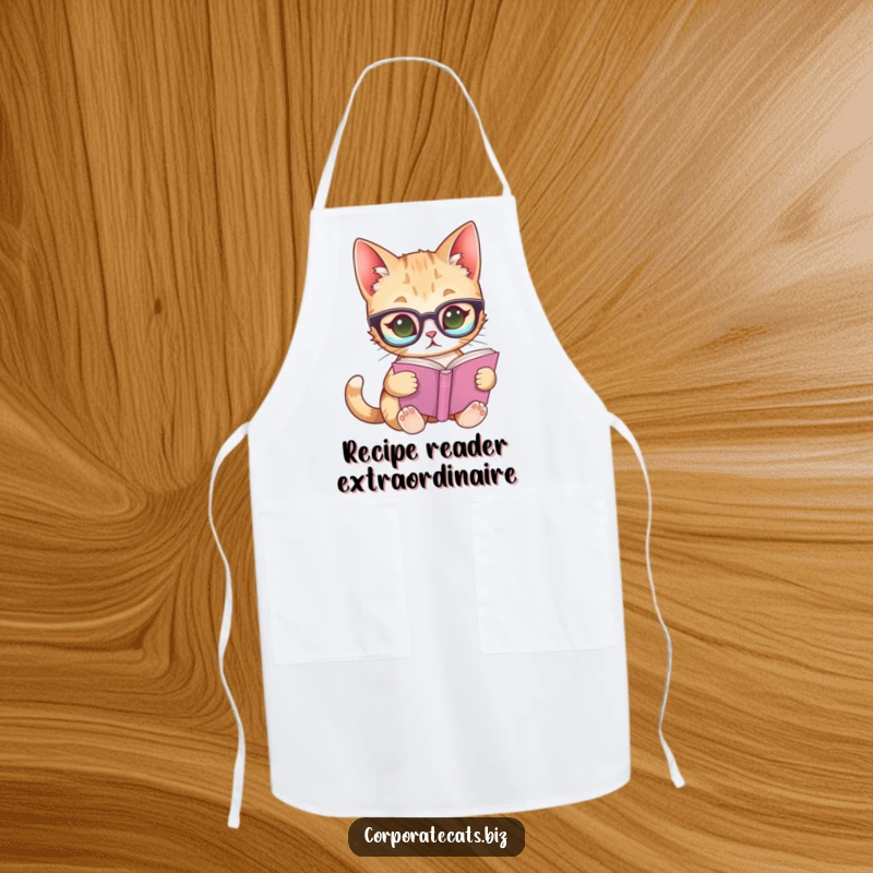Funny apron with a curious cat wearing glasses, reading a book, perfect for kitchen tasks with a literary and humorous touch.