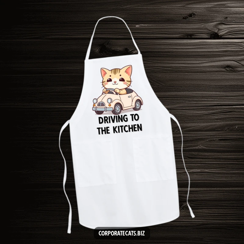 Funny apron with a cute cat character driving a miniature toy car. Great for kitchen use and adding humor.