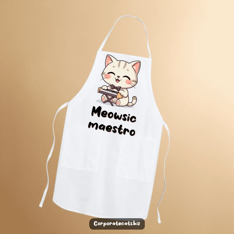 Funny apron with a smiling cat in a bowtie playing a tiny piano, perfect for chefs who enjoy music and humor while cooking.