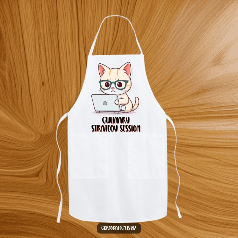 Funny focused cat apron wearing tiny glasses, typing on a miniature laptop, perfect kitchen wear for chefs who appreciate humor and intellect.