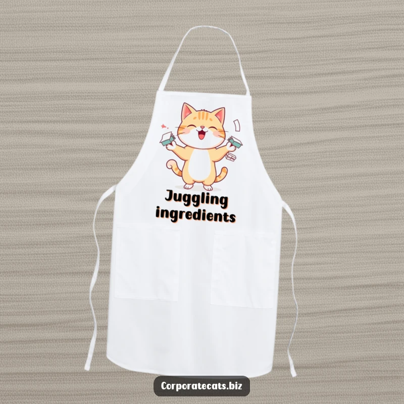 Funny apron print of a cheerful cat juggling many paper stacks, perfect for a humorous kitchen accessory for cooks who love cats.
