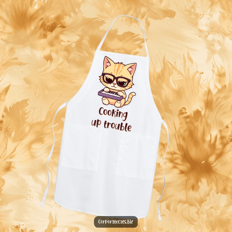 Funny cat apron showing a bespectacled cat character focused on playing a small keyboard, perhaps writing a recipe.