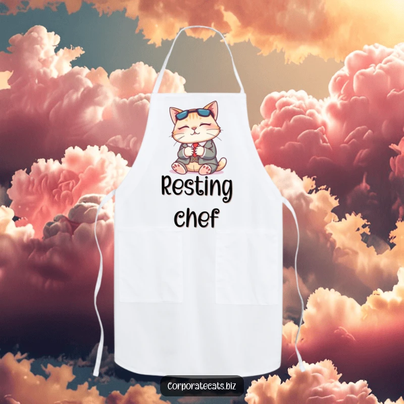 Funny apron with a napping cat dressed in a business suit, perfect for kitchen tasks with a humorous and relaxing theme.