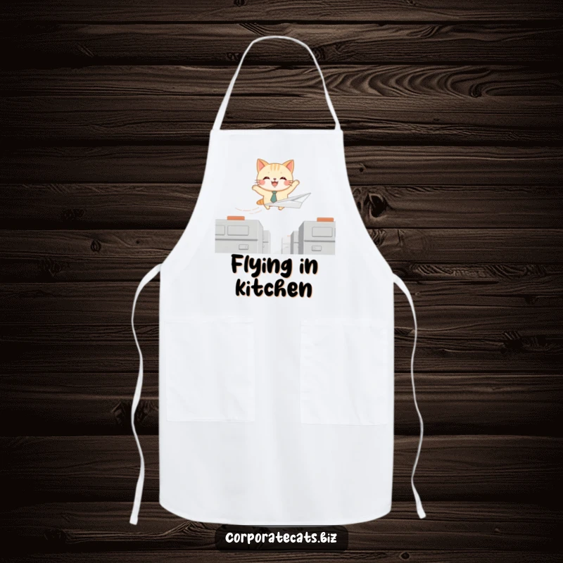 Funny apron print of a joyful cat wearing a tiny tie, soaring on a paper airplane, suitable for humorous kitchen wear.