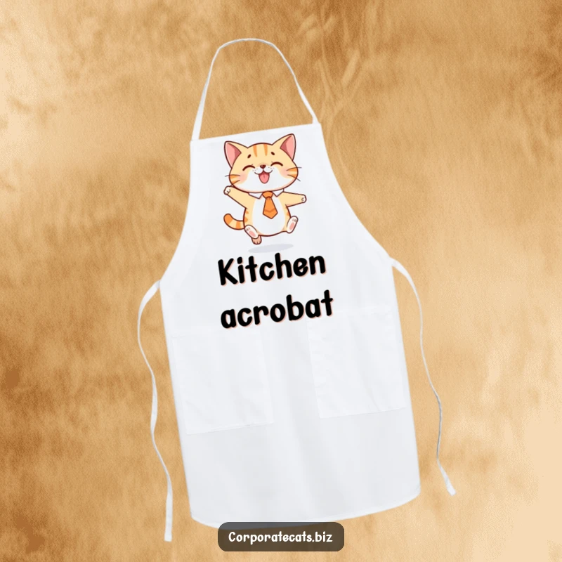 Funny apron with a playful cat wearing a tie, captured mid-jump, perfect for kitchen tasks with a high-energy humorous theme.