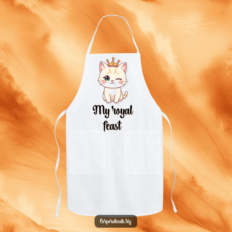 Funny regal cat apron, a winking feline wearing a small crown, perfect for kitchen duties with royal flair.