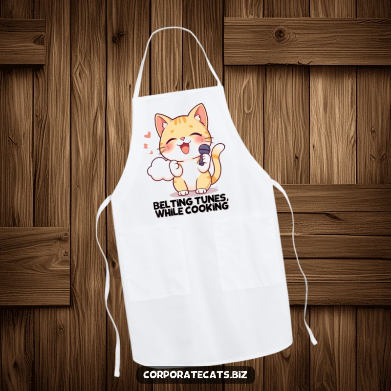 Funny cat with a microphone, singing into a cloud, a stylish apron for kitchen performances. An amazing funny gift.