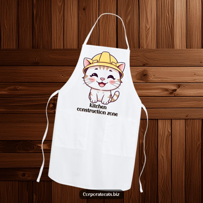 Funny apron with a smiling cat character wearing a miniature hard hat. Great for kitchen use and adding protective humor.