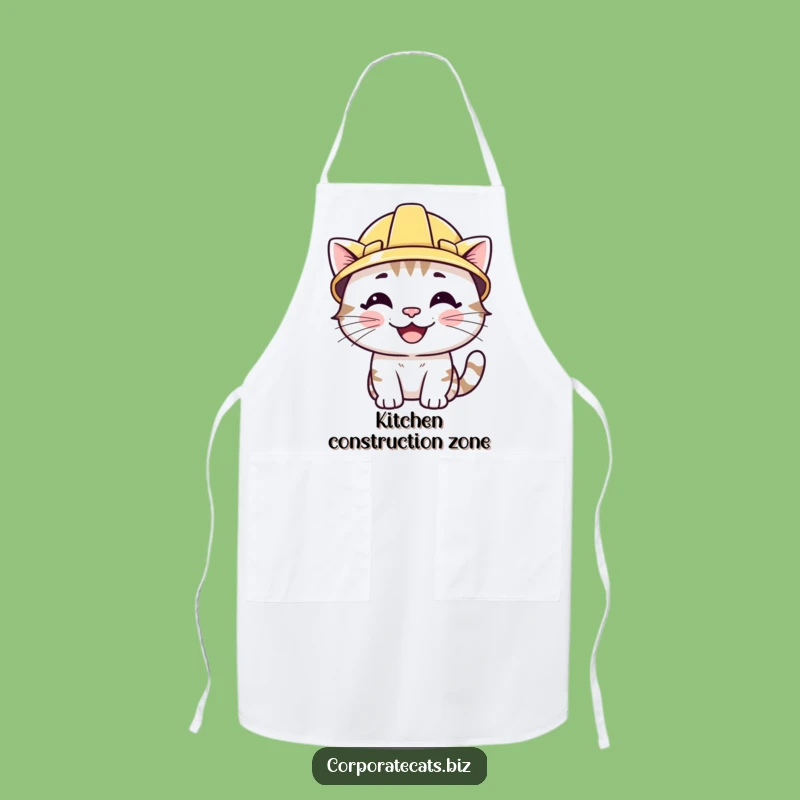 Funny Smiling Cat Apron: Wearing Hard Hat, Hilarious Kitchen Wear for DIY Fun
