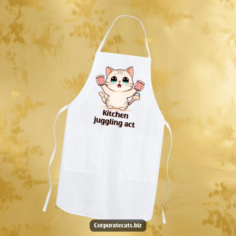Funny apron with a surprised cat character juggling tiny coffee cups. Great for kitchen use and adding humor.