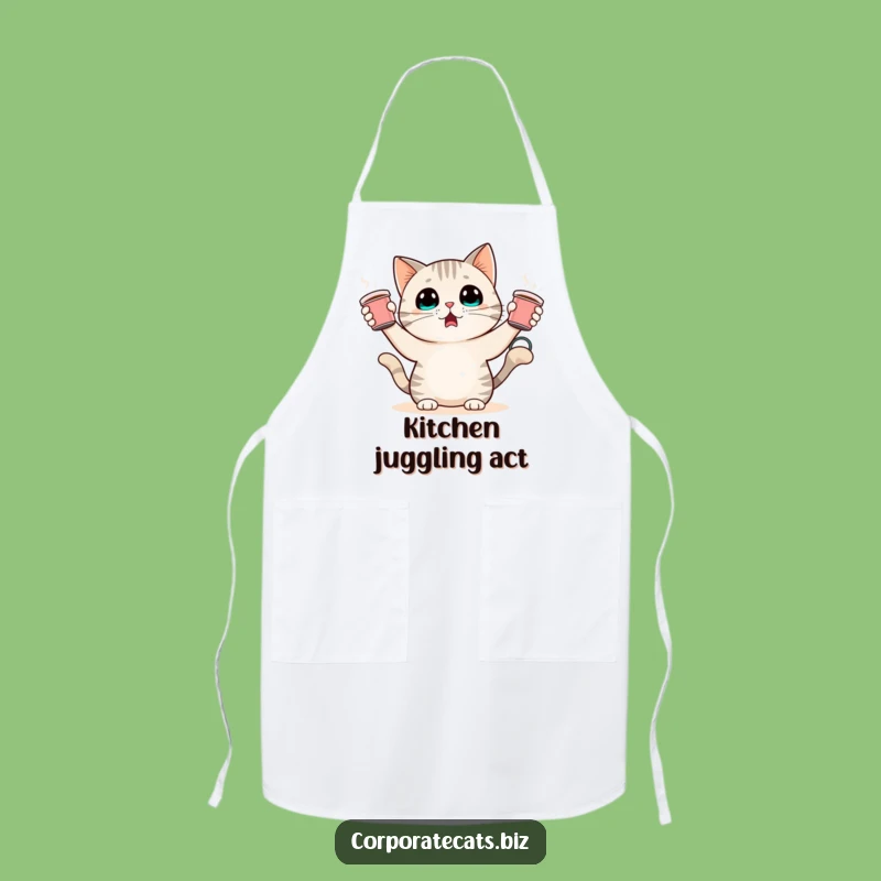 Funny Surprised Cat Apron: Juggling Coffee Cups, Hilarious Kitchen Wear for Cat Lovers