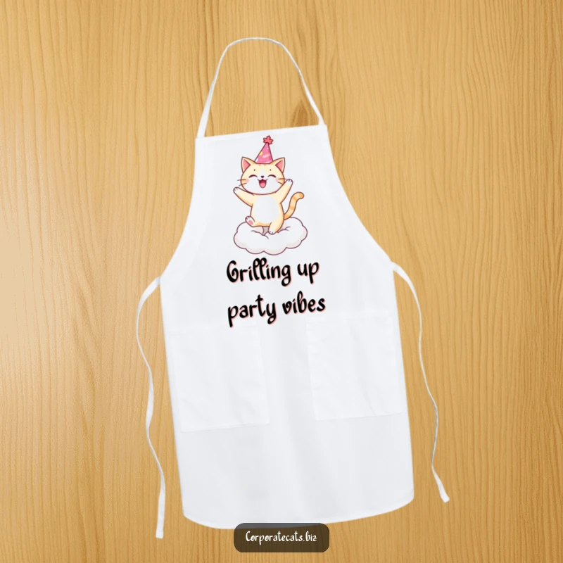 Funny cat in a party hat dancing on a cloud, ready for kitchen celebrations. An amazing funny gift.