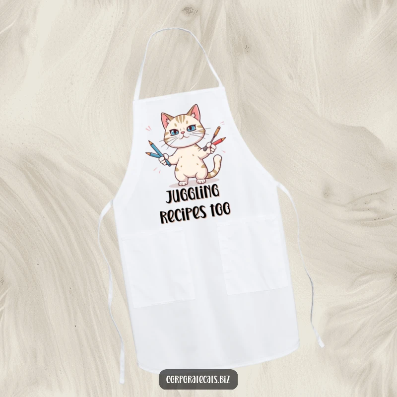 Funny apron displaying a determined cat juggling multiple pens, a humorous addition to any kitchen or cooking space.