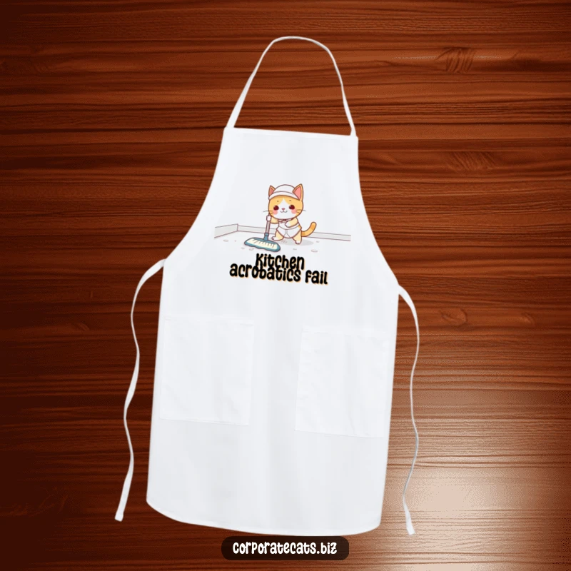 Funny Apron: A cat janitor wearing overalls slips on a wet floor, dropping a mop, looking surprised.