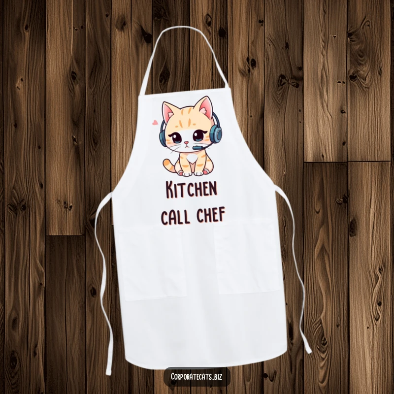 Funny Cat Chef Apron: Playful apron showing a cat wearing a headset and focused on a video call, ideal for humorous kitchen sessions.