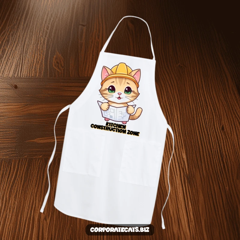 Funny Master Builder Cat Apron: a playful cat character in a hard hat, inspecting a blueprint, ready for creation.