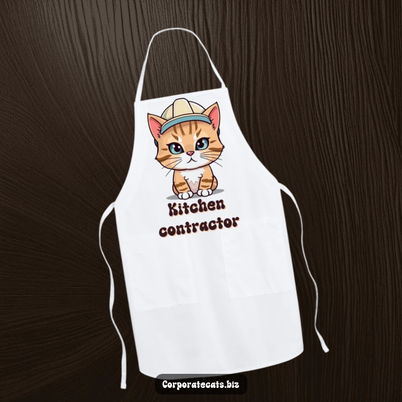 Funny apron with a determined cat wearing a hard hat, designed for kitchen tasks with a construction-themed humorous appeal.