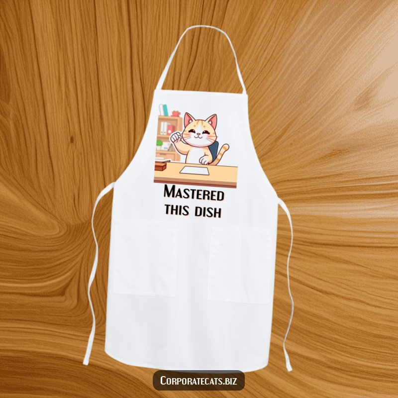 Funny cat performing a triumphant fist pump at a desk on a durable apron, bringing victory humor to the kitchen.