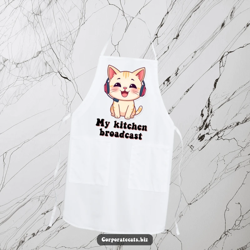 Funny apron featuring a cheerful cat wearing a tiny headset and talking, perfect for kitchen humor.