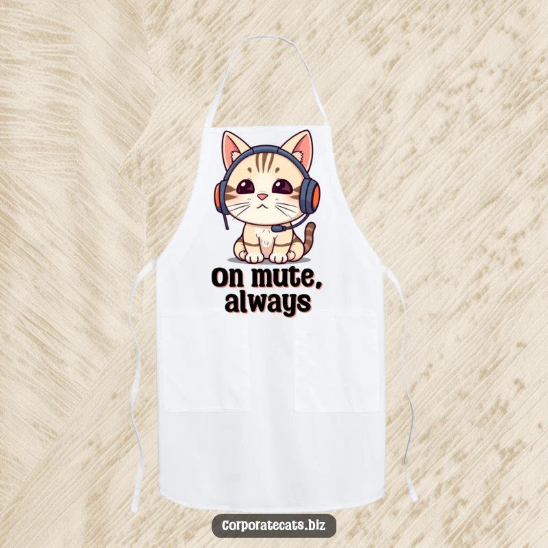 Funny cat wearing a headset, focused on a video call while cooking, on a chef's apron, a hilarious and practical funny gift.