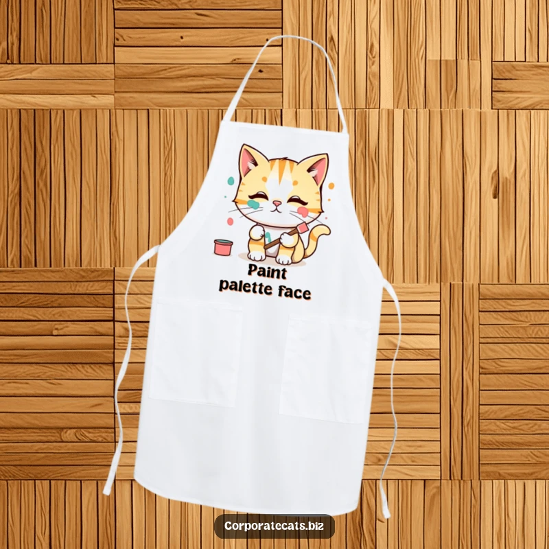 Funny Apron: A cat artist wearing an apron gets paint smeared on its face while holding a brush, looking surprised.