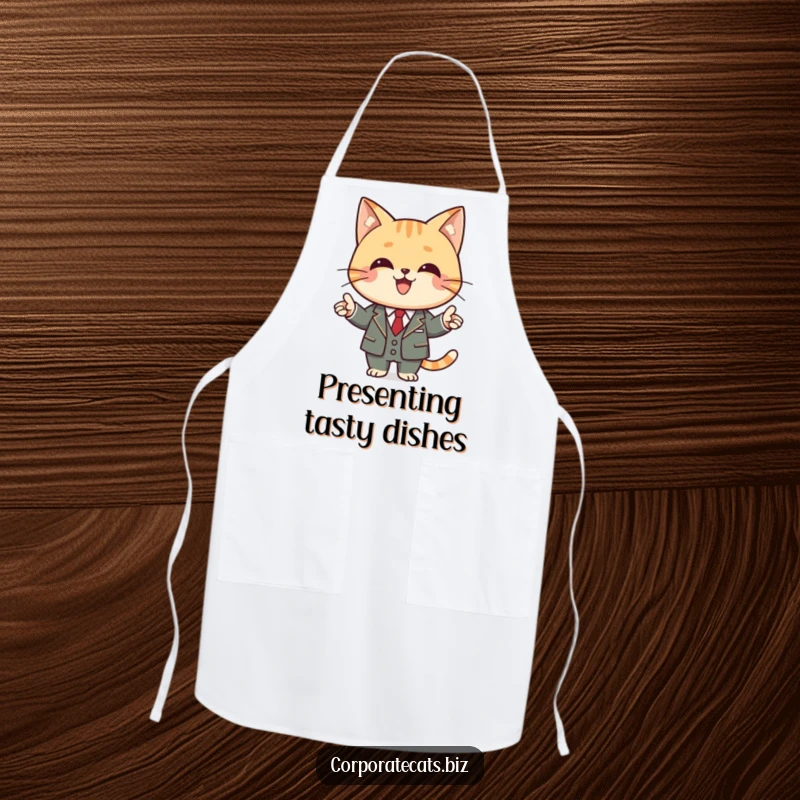 Funny cat apron showing a cat in a business suit, holding a pointer as if presenting a delicious dish.